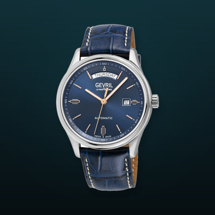 Excelsior Swiss made Automatic Sellita SW240, Day Date Blue Dial,  Blue Italian Handmade Leather Strap | Blue Dial