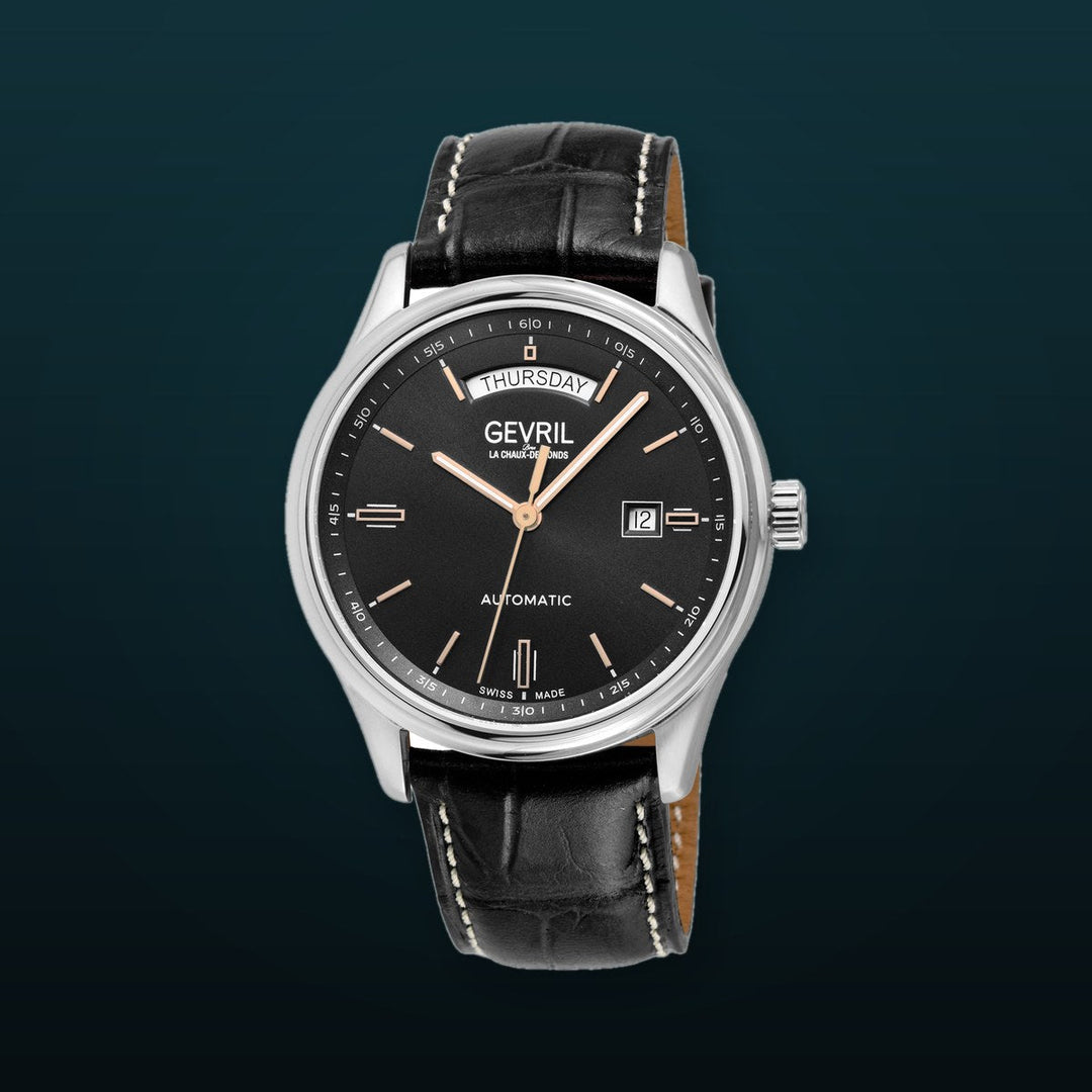 Excelsior Swiss made Automatic Sellita SW240, Day Date Black Dial,  Black Italian Handmade Leather Strap | Black Dial