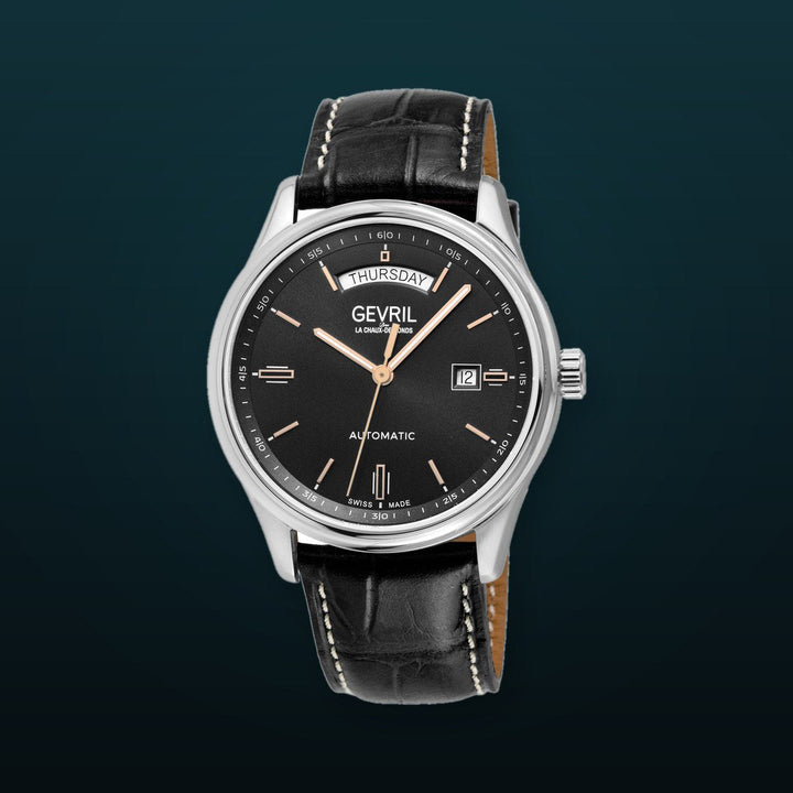 Excelsior Swiss made Automatic Sellita SW240, Day Date Black Dial,  Black Italian Handmade Leather Strap | Black Dial
