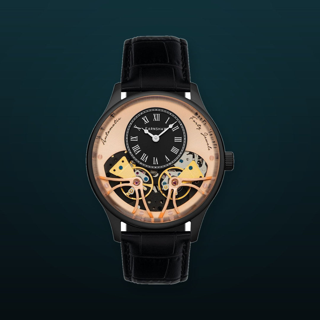 Thomas Earnshaw Scientists Faraday Double Barrel Automatic Black & Rose Gold / Leather | Black Dial