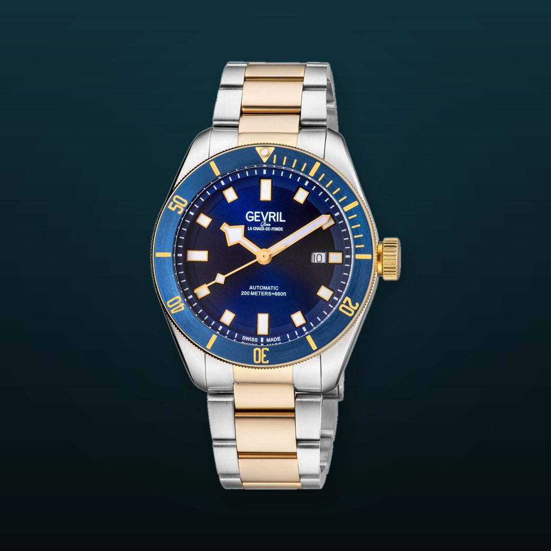 Yorkville Gevril Yorkville Blue Dial Sellita SW200 Swiss Automatic Unidirectional Rotating Bezel Two Tone Bracelet Luminous Watch | Brown Dial