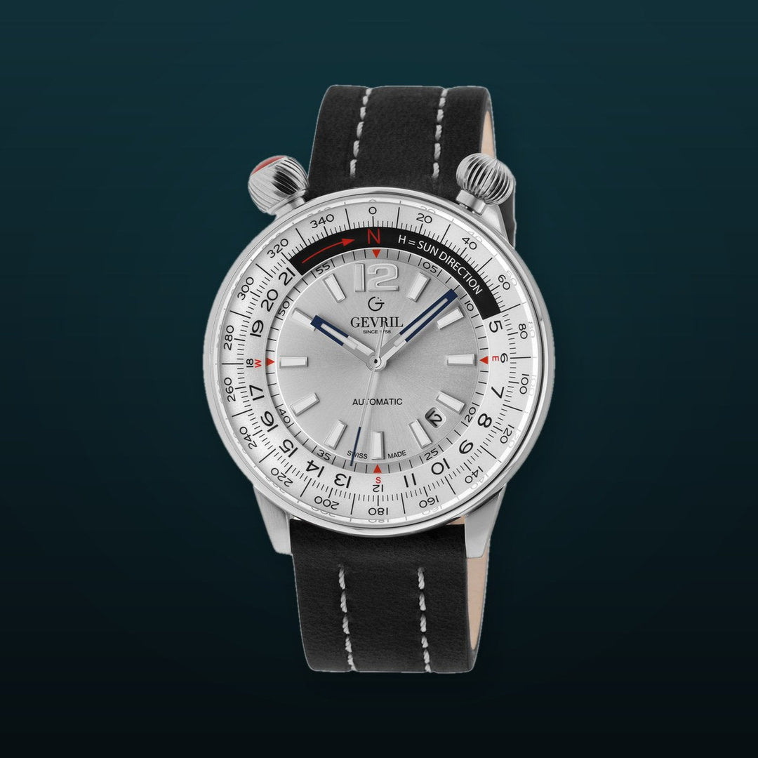 Wallabout Swiss Made Automatic Solar compass silver Black | Silver Dial