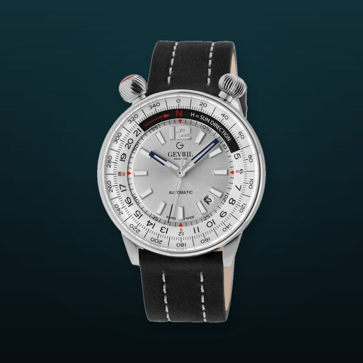 Wallabout Swiss Made Automatic Solar compass silver Black | Silver Dial