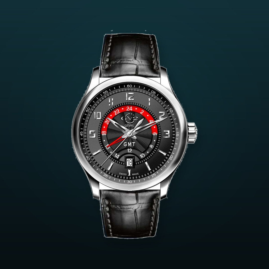 Giromondo GV2 By Gevril Mens Giromondo Stainless Steel Case Black Dial Swiss Quartz Black Calfskin Leather GMT Date Watch | Black Dial