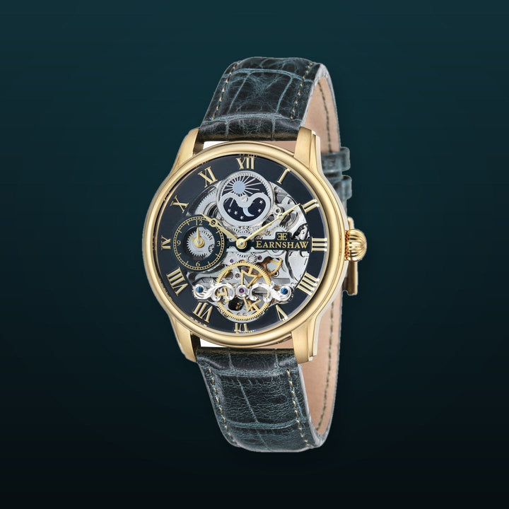 Longitude Automatic Skeleton Watch Green / Genuine leather strap | Semi-transparent Dial
