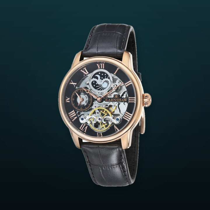 Longitude Automatic Skeleton Watch Black, Genuine leather strap | Semi-transparent Dial