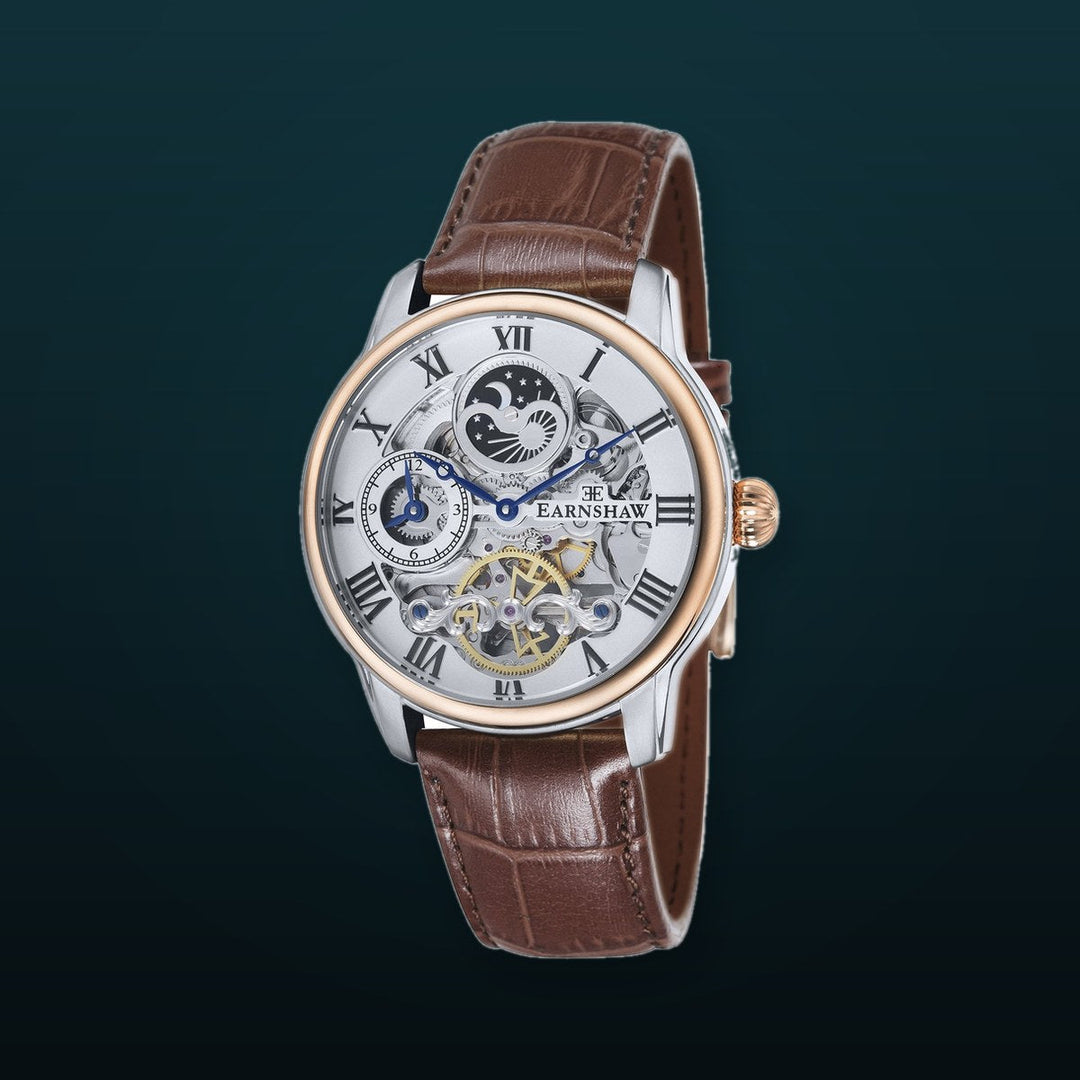 Longitude Automatic Skeleton Watch Silver White & Brown / Genuine leather strap Semi-transparent Dial