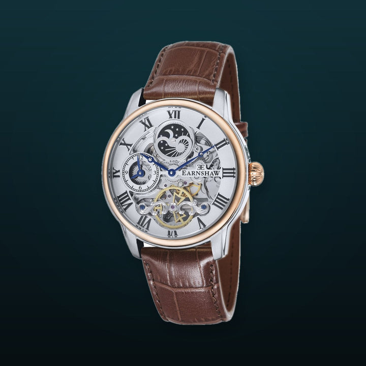 Longitude Automatic Skeleton Watch Silver White & Brown / Genuine leather strap Semi-transparent Dial