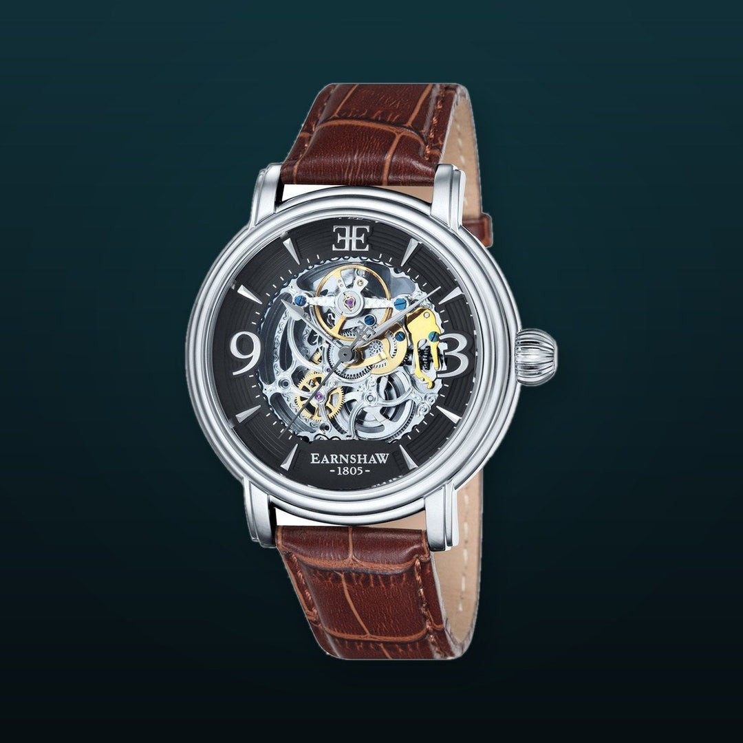 Longcase Automatic Skeleton Watch Grey & Brown / Genuine leather strap | Gray Dial