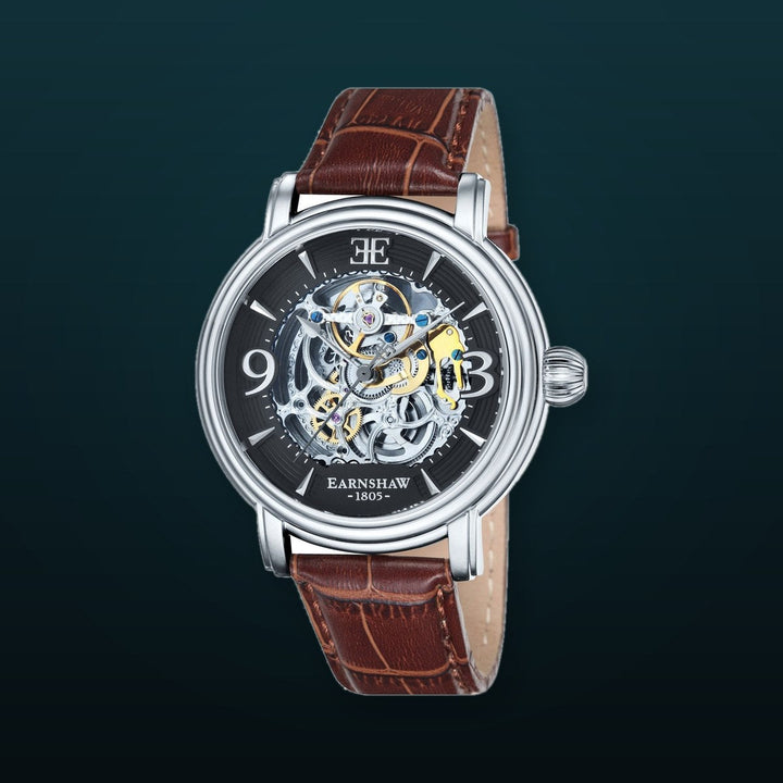 Longcase Automatic Skeleton Watch Grey & Brown / Genuine leather strap | Gray Dial