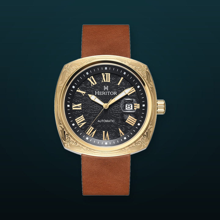 Davenport Engraved-Case Leather-Band Watch w/ Date Gold/Brown | Black Dial
