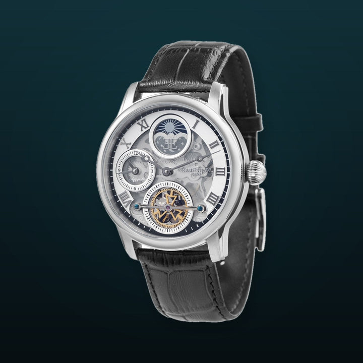 Longitude (Shadow Automatic) Automatic Skeleton Watch Silver White & Black / Genuine leather strap Silver Dial