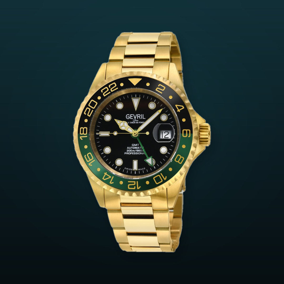 Wall Street Gevril Swiss Made SW330 IPYG Steel Rotating Bezel watch, Gold bezel, Black dial | Black Dial
