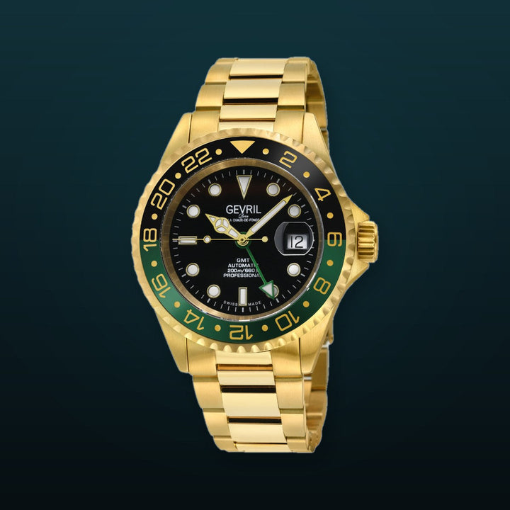 Wall Street Gevril Swiss Made SW330 IPYG Steel Rotating Bezel watch, Gold bezel, Black dial | Black Dial