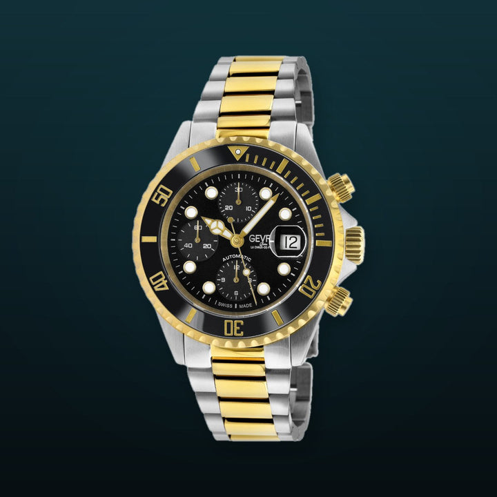Wall Street Swiss Automatic Chronograph SW500 Black Ceramic Bezel Divers Watch two tone | Black Dial