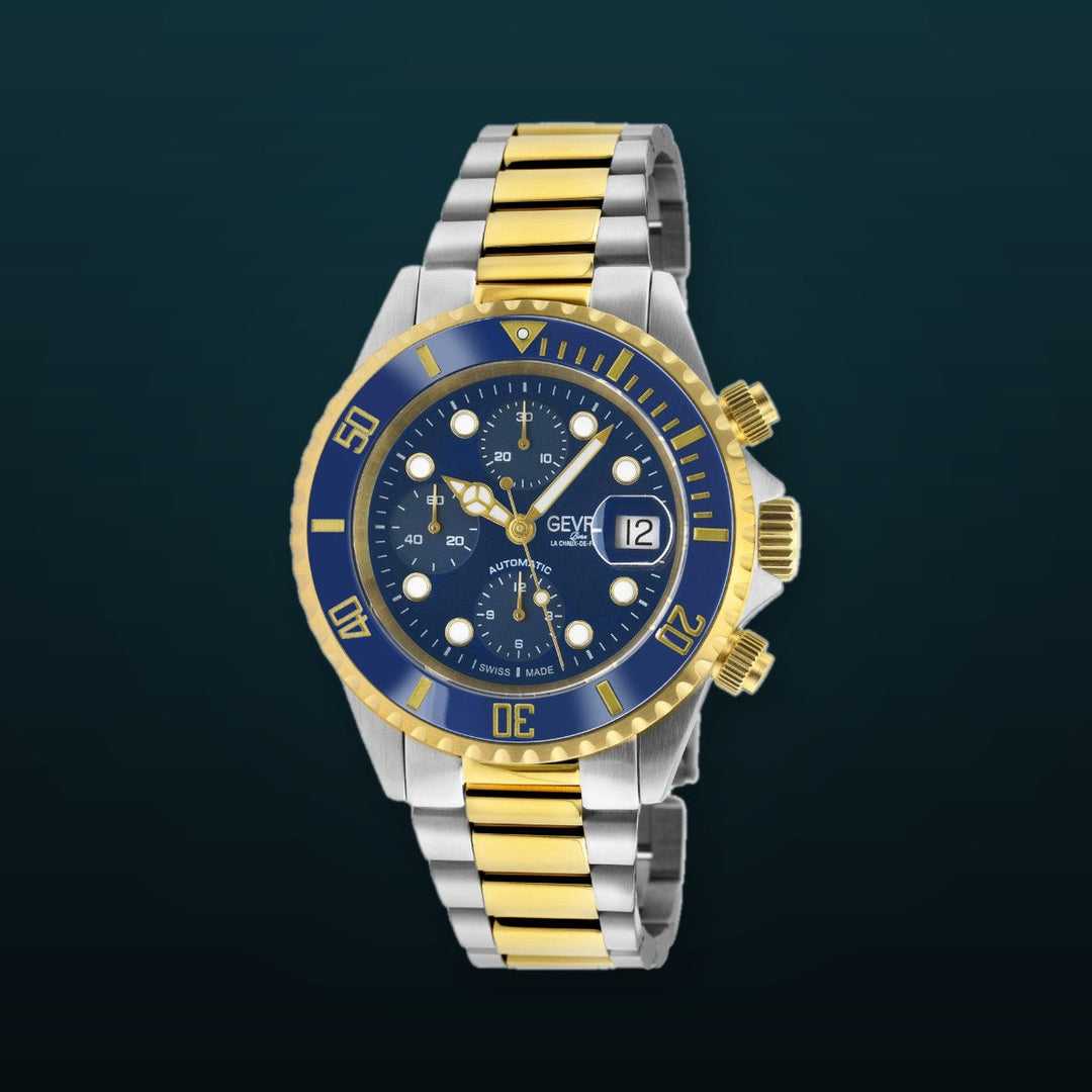 Wall Street Swiss Automatic Chronograph Sellita SW500 Blue Ceramic Bezel Divers Watch two tone | Blue Dial
