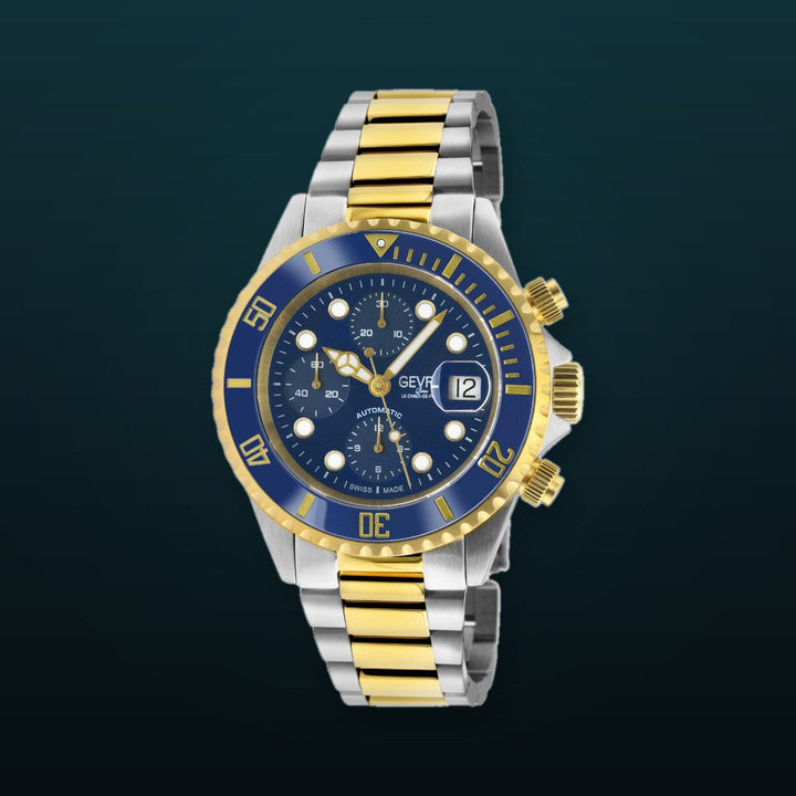 Wall Street Swiss Automatic Chronograph Sellita SW500 Blue Ceramic Bezel Divers Watch two tone | Blue Dial
