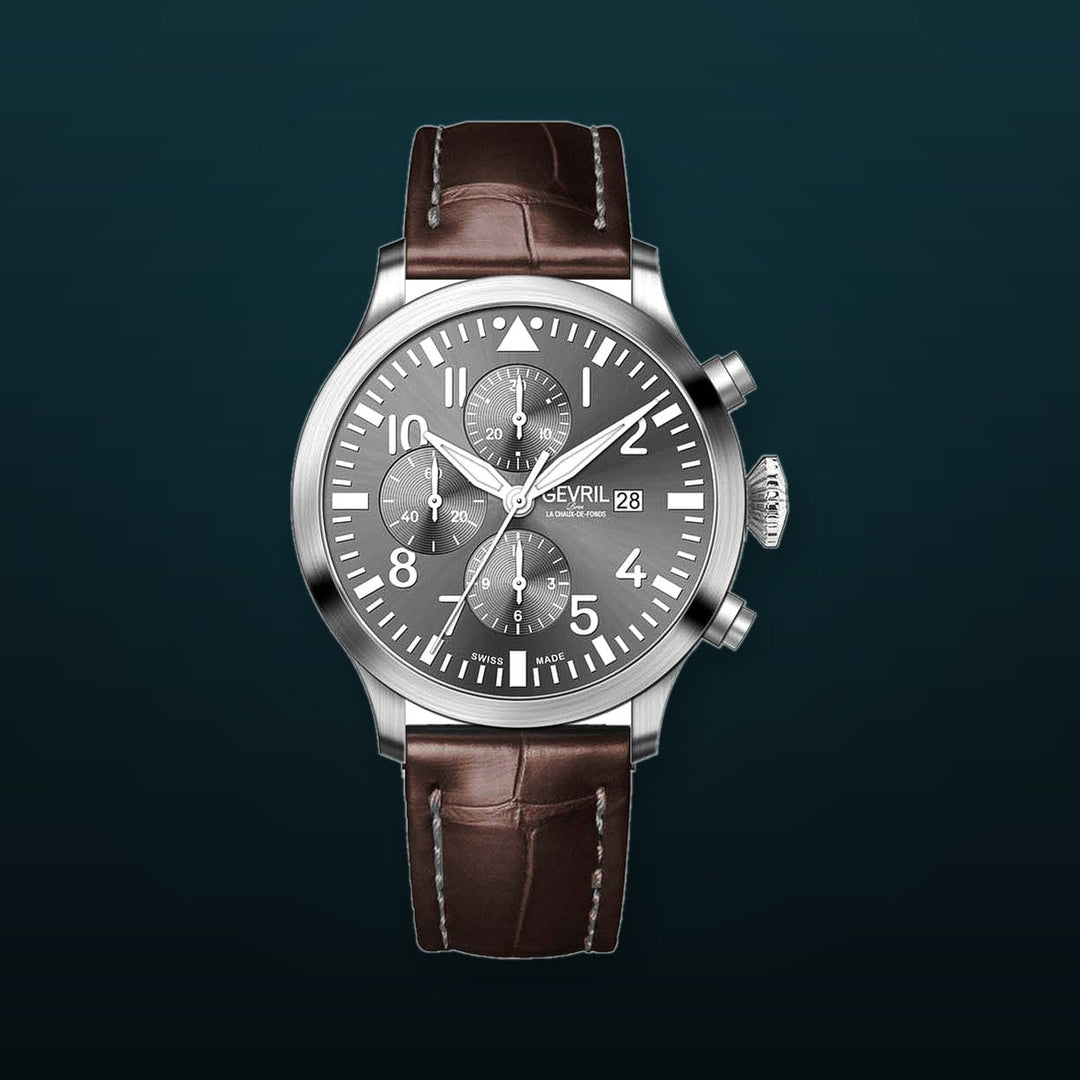 Vaughn Swiss automatic ETA 7750 pilot chronograph gray Dial, Italian Leather Strap Gray Dial