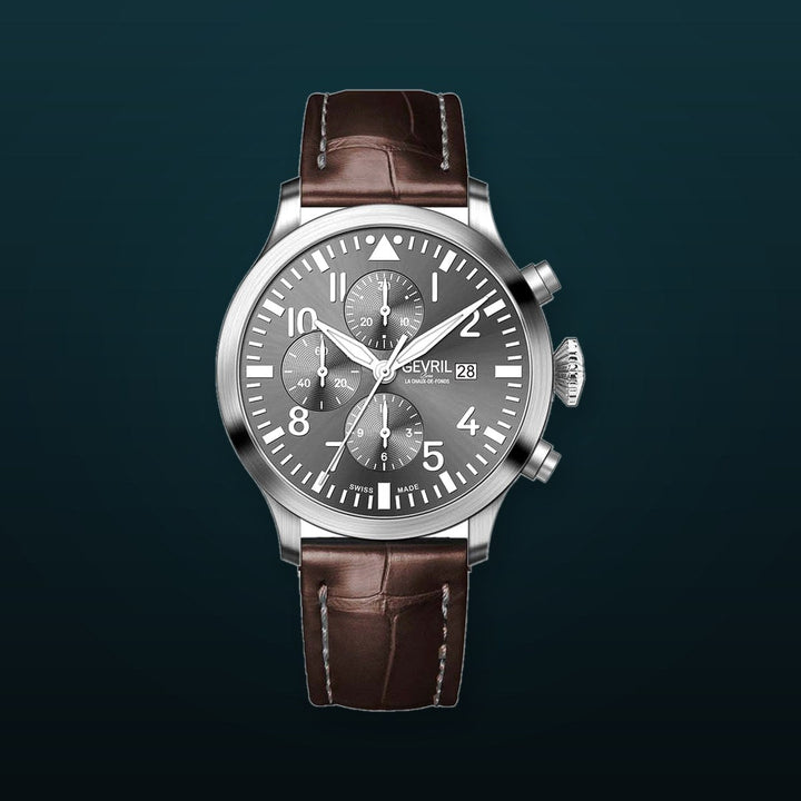 Vaughn Swiss automatic ETA 7750 pilot chronograph gray Dial, Italian Leather Strap Gray Dial