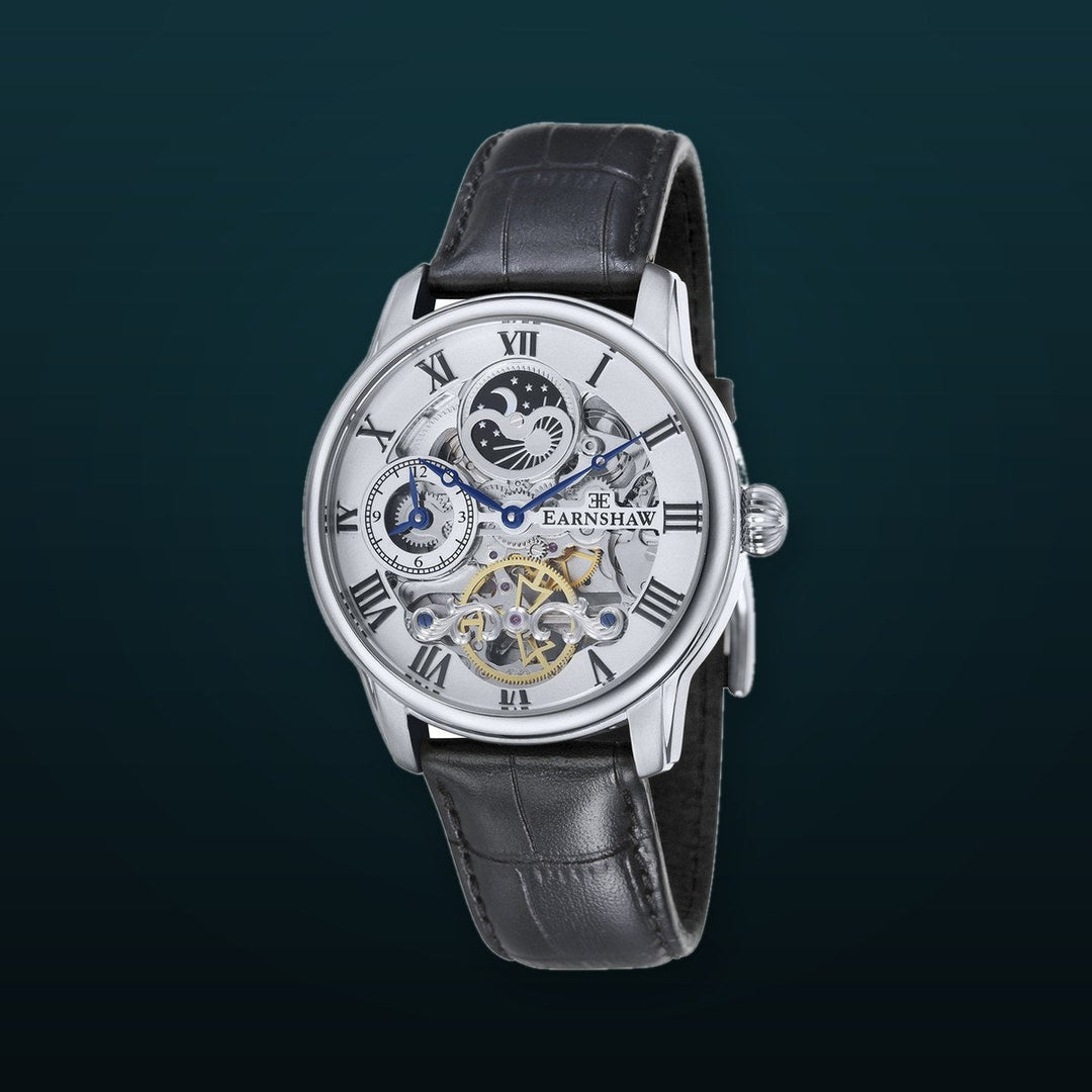 Longitude Automatic Skeleton Watch Silver White & Black / Genuine leather strap Silver Dial