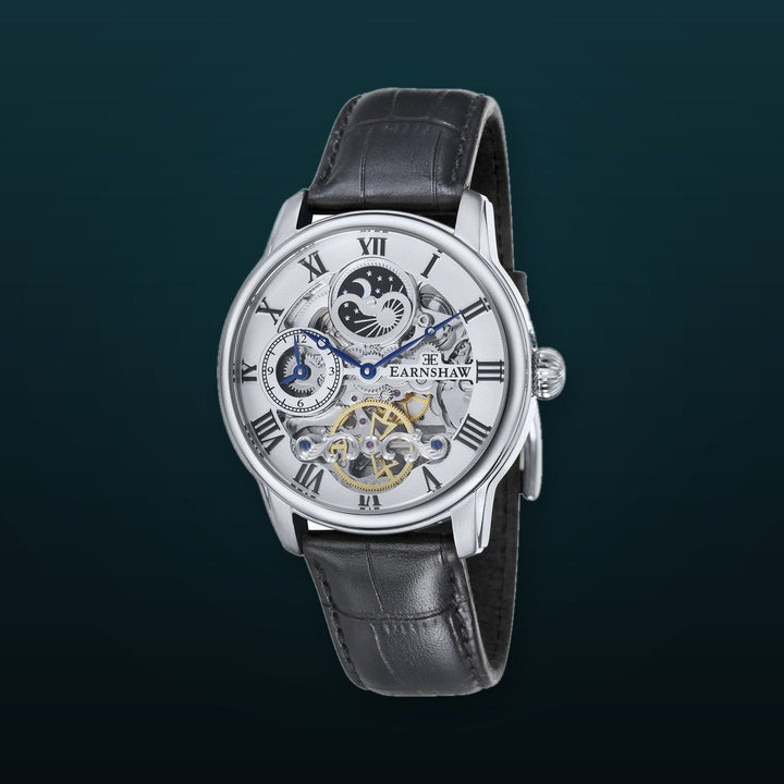 Longitude Automatic Skeleton Watch Silver White & Black / Genuine leather strap Silver Dial