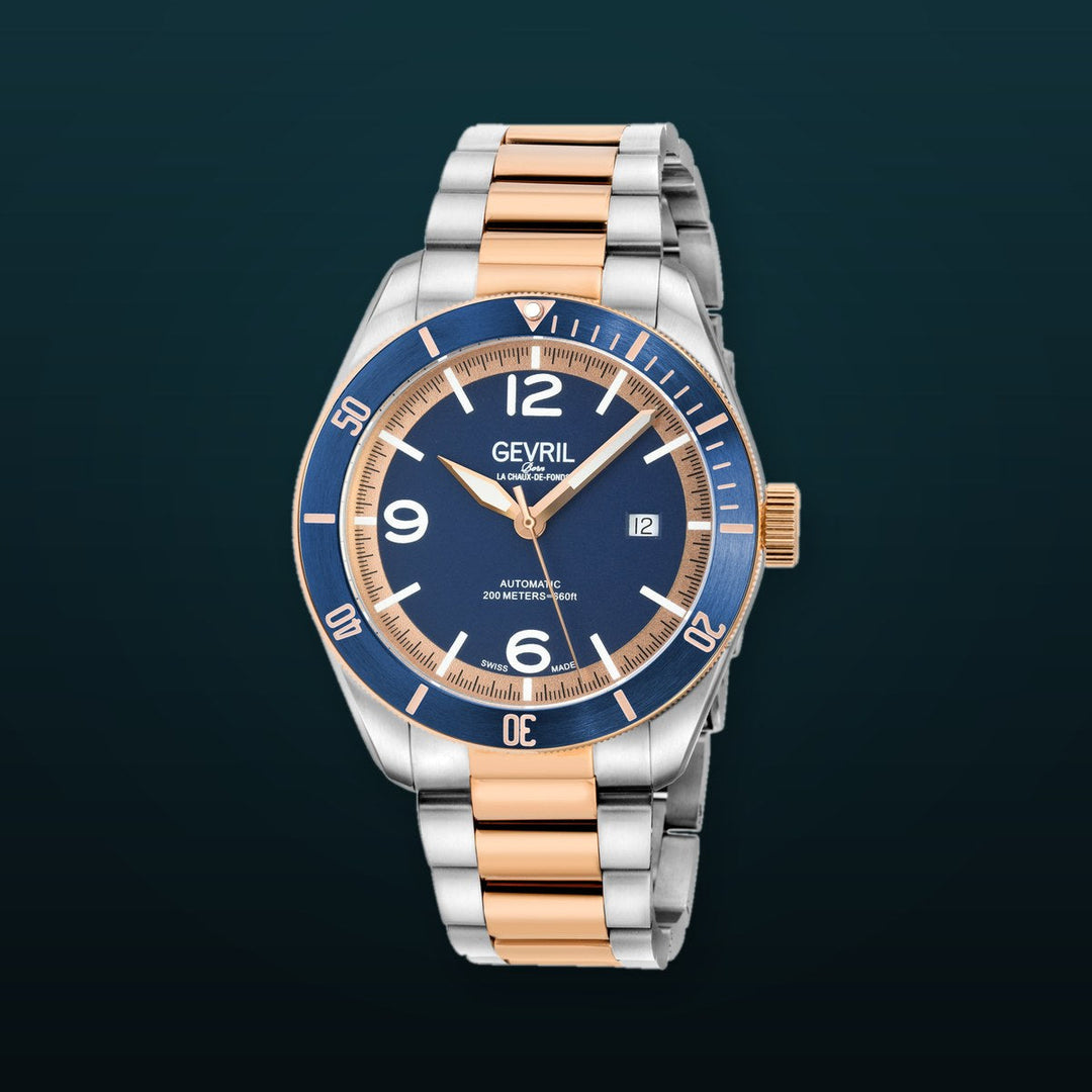 Yorkville-Diver Gevril Swiss Made Sellita SW200, Blue Bezel. Blue Dial,  Two toned Rose Gold Bracelet | Blue Dial