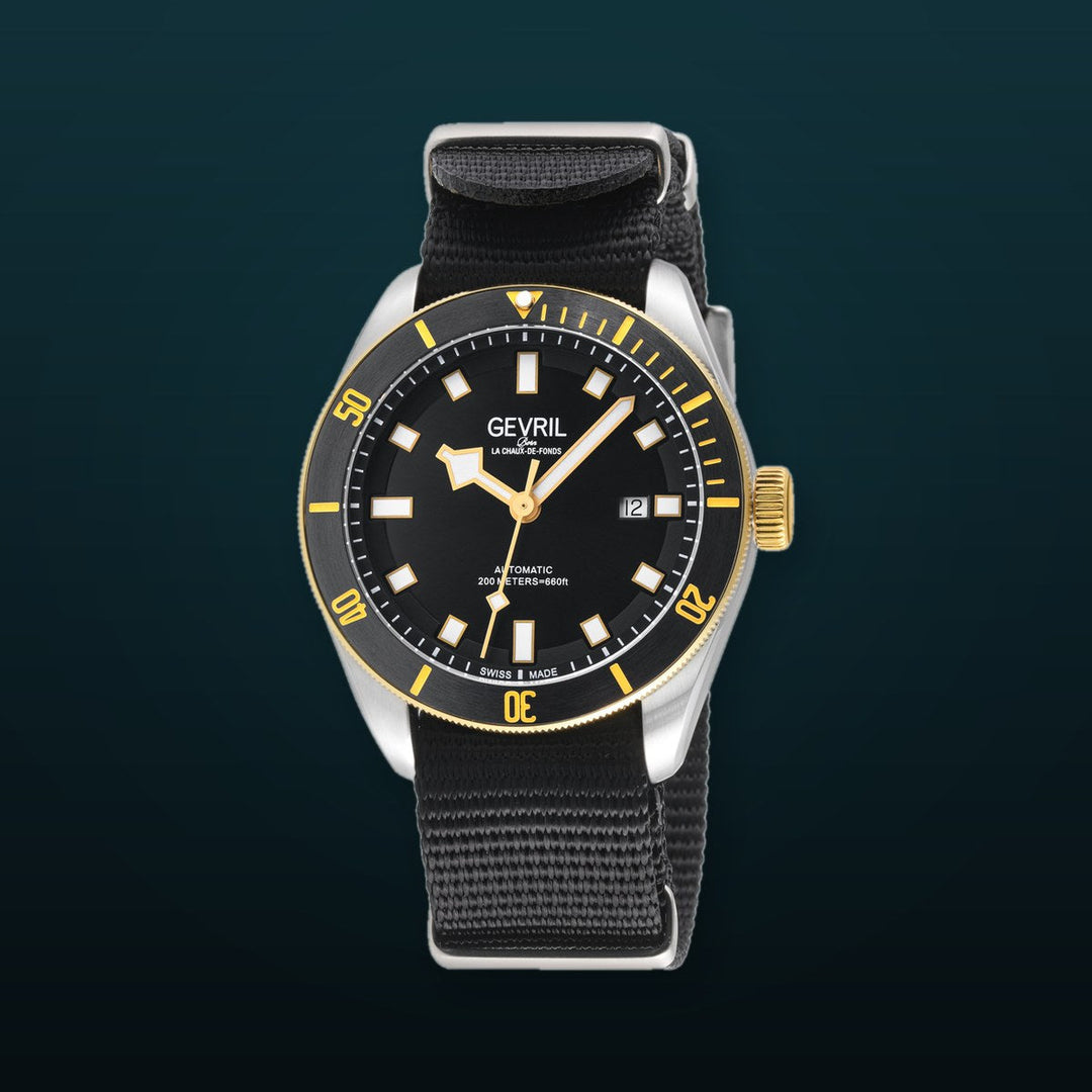 Yorkville Gevril Men's Yorkville Black Dial Sellita SW200 Swiss Automatic Rotating Bezel Two Tone Bracelet Date Luminous Watch Nato strap | Black Dial