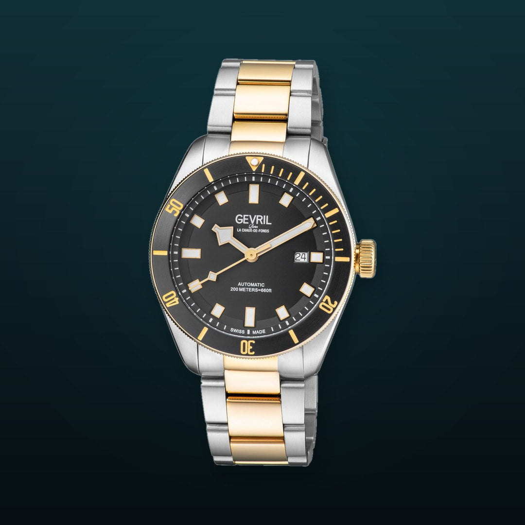 Yorkville Gevril Men's Yorkville Black Dial Sellita SW200 Swiss Automatic Unidirectional Rotating Bezel Two Tone Bracelet Date Luminous Watch | Black Dial
