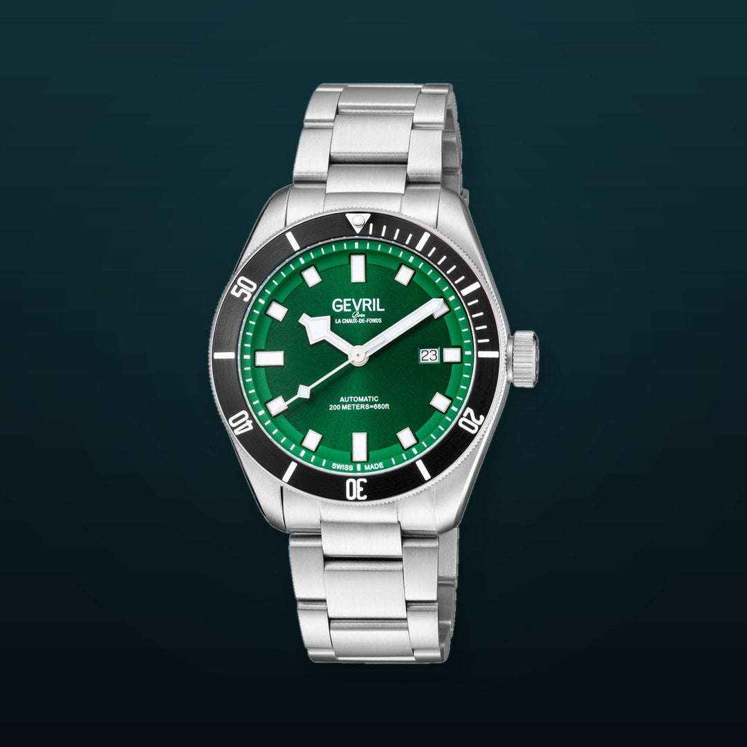 Yorkville Gevril Men's Yorkville Green Dial Sellita SW200 Swiss Automatic Unidirectional Rotating Bezel Date Luminous Watch | Green Dial
