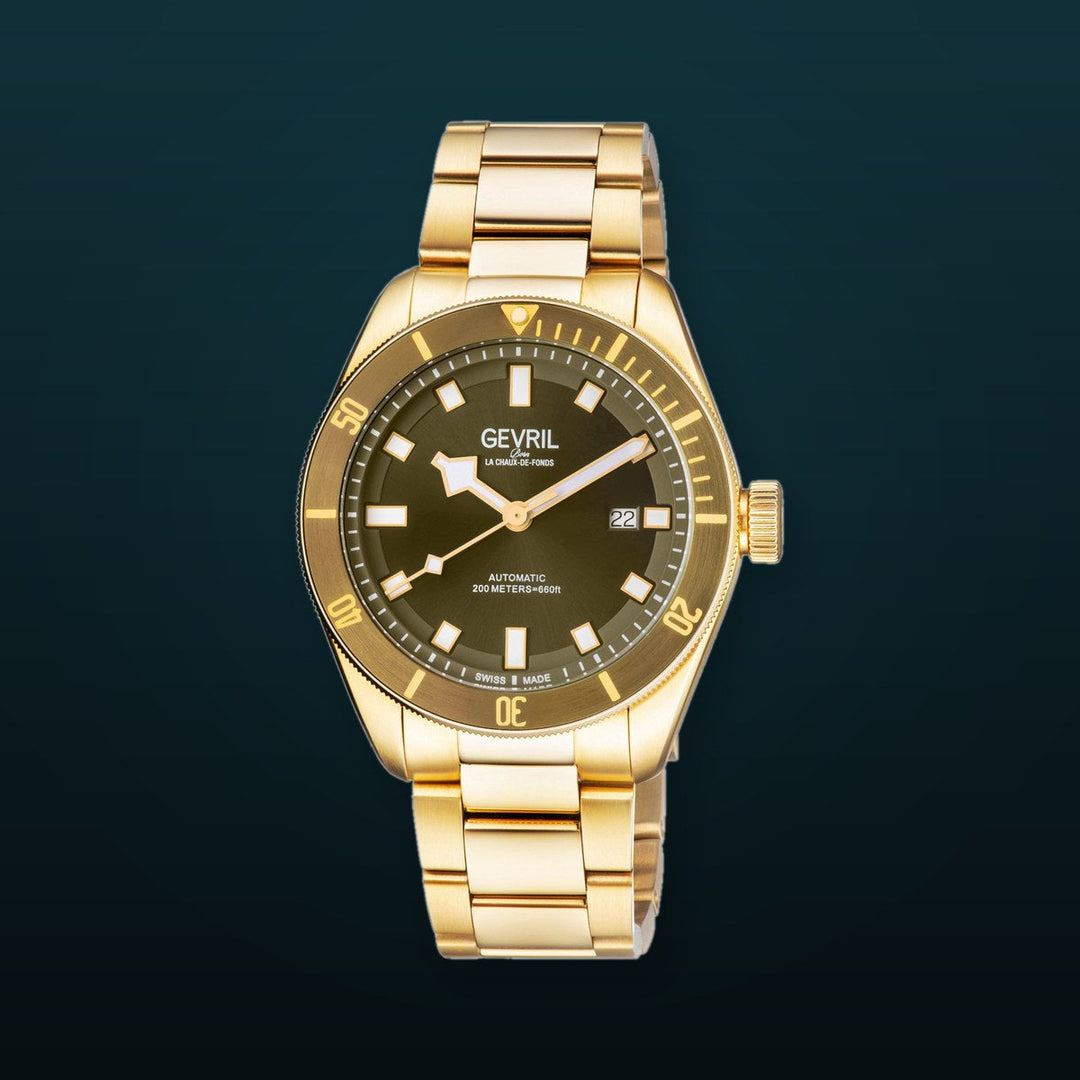 Yorkville Gevril Yorkville Olive Dial Sellita SW200 Swiss Automatic Unidirectional Rotating Bezel Gold Tone Bracelet Date Luminous Watch | Blue Dial