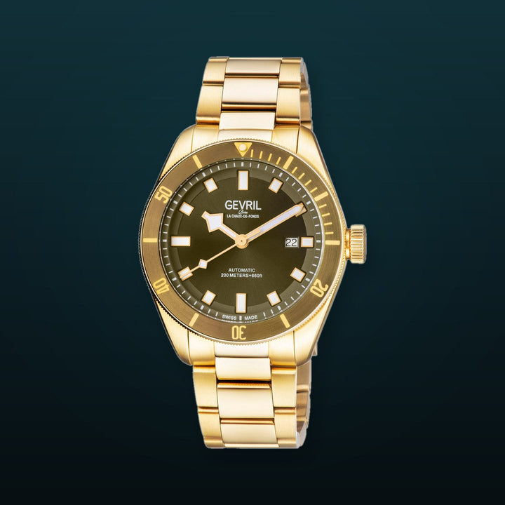 Yorkville Gevril Yorkville Olive Dial Sellita SW200 Swiss Automatic Unidirectional Rotating Bezel Gold Tone Bracelet Date Luminous Watch | Blue Dial