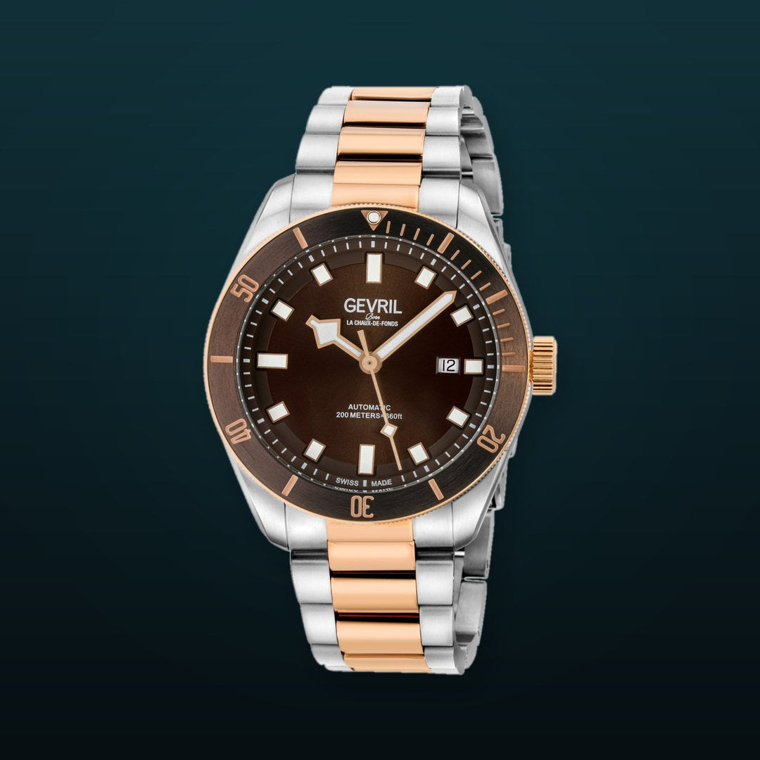 Yorkville Gevril Men's Yorkville Brown Dial Sellita SW200 Swiss Automatic Unidirectional Rotating Bezel Two Tone Bracelet Date Luminous Watch | Brown Dial