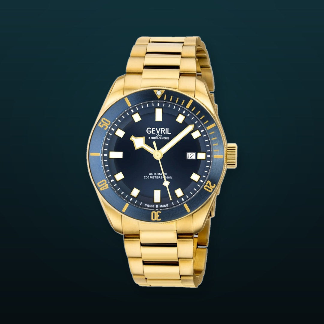 Yorkville Gevril Men's Yorkville Blue Dial Sellita SW200 Swiss Automatic Unidirectional Rotating Bezel Gold Tone Bracelet Date Luminous Watch | Blue Dial