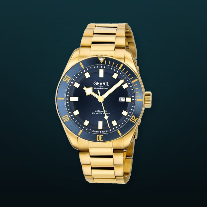 Yorkville Gevril Men's Yorkville Blue Dial Sellita SW200 Swiss Automatic Unidirectional Rotating Bezel Gold Tone Bracelet Date Luminous Watch | Blue Dial