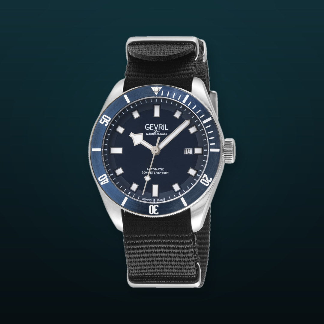 Yorkville Gevril Men's Yorkville Blue Dial Sellita SW200 Swiss Automatic Rotating Bezel Bracelet Date Luminous Watch Nato Strap | Blue Dial