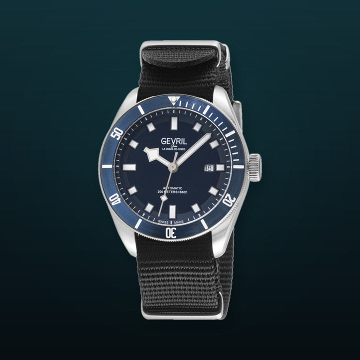 Yorkville Gevril Men's Yorkville Blue Dial Sellita SW200 Swiss Automatic Rotating Bezel Bracelet Date Luminous Watch Nato Strap | Blue Dial