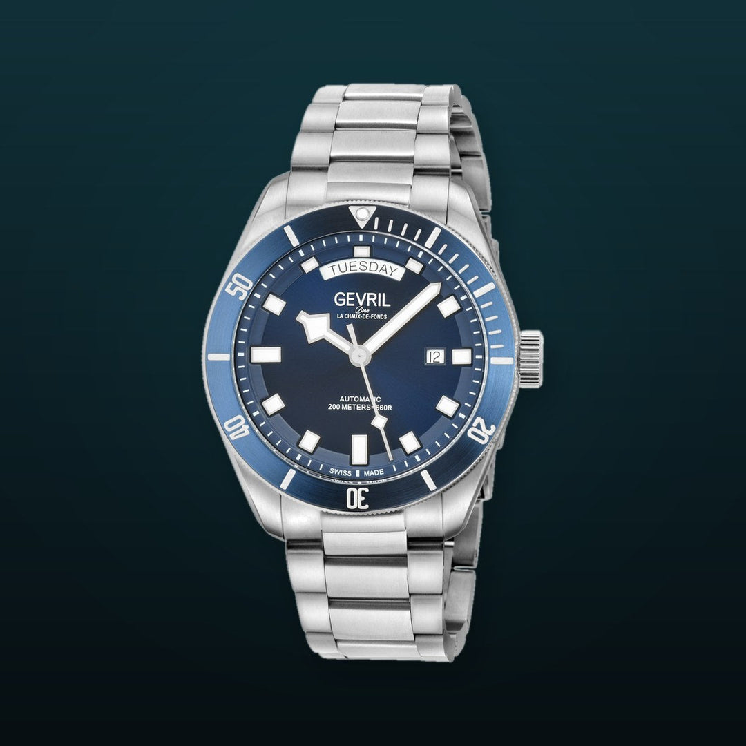 Yorkville-Diver Gevril Yorkville Sellita SW240 Swiss Automatic Diver Watch, SS Case, Blue bezel, Blue Dial | Blue Dial