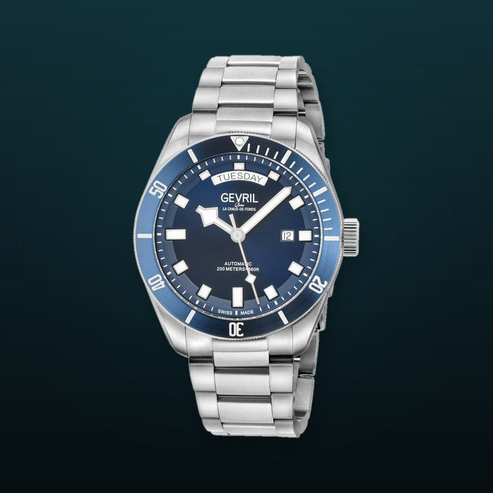 Yorkville-Diver Gevril Yorkville Sellita SW240 Swiss Automatic Diver Watch, SS Case, Blue bezel, Blue Dial | Blue Dial