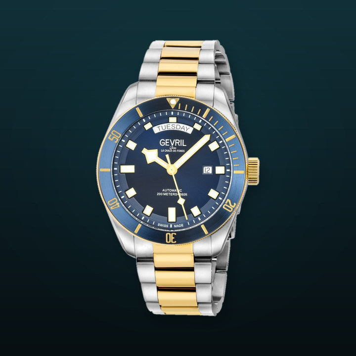 Yorkville-Diver Gevril Yorkville Sellita SW240 Swiss Automatic Diver Watch, SS Case, Blue/IPYG bezel, Blue Dial | Blue Dial