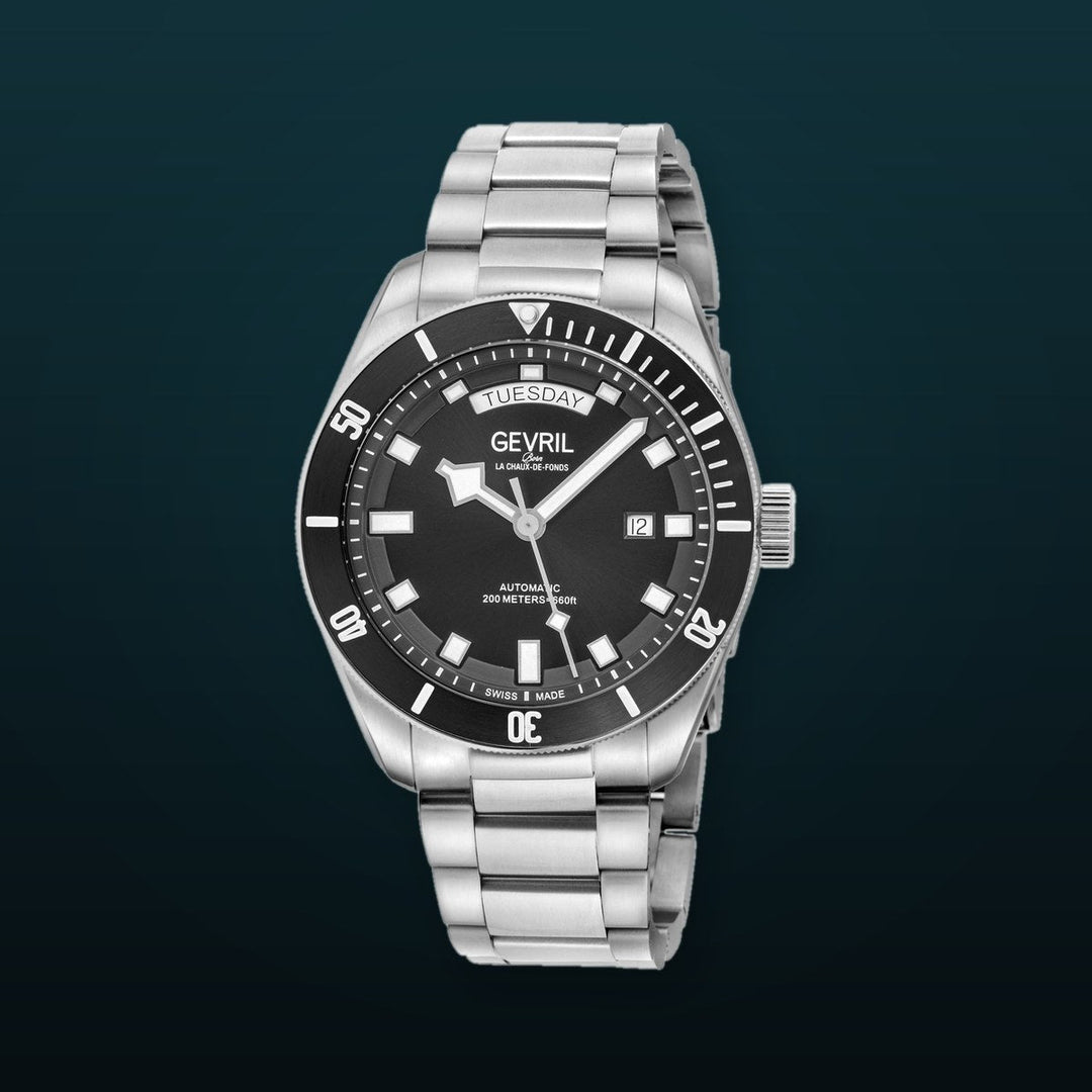 Yorkville-Diver Gevril Yorkville Sellita SW240 Swiss Automatic Diver Watch, SS Case, Black bezel, Black Dial | Black Dial
