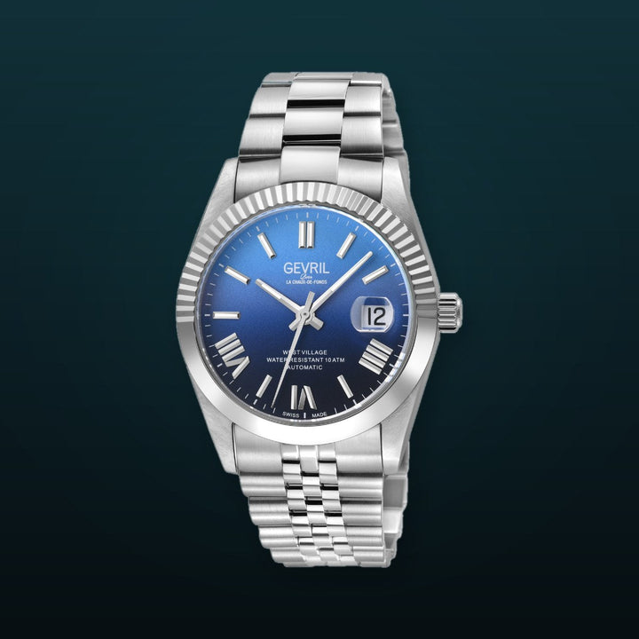 West Village Fusion Elite Gevril Sellita SW200 Swiss Made Automatic Watch Cobalt Horizon Gradient (Blue) magnify date sapphire crystal | Blue Dial