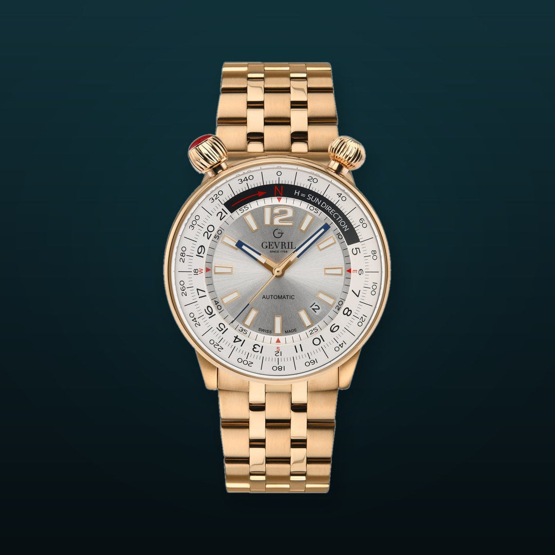 Wallabout Gevril Swiss Made Automatic Solar compass  Rose Gold tone watch | Silver Dial