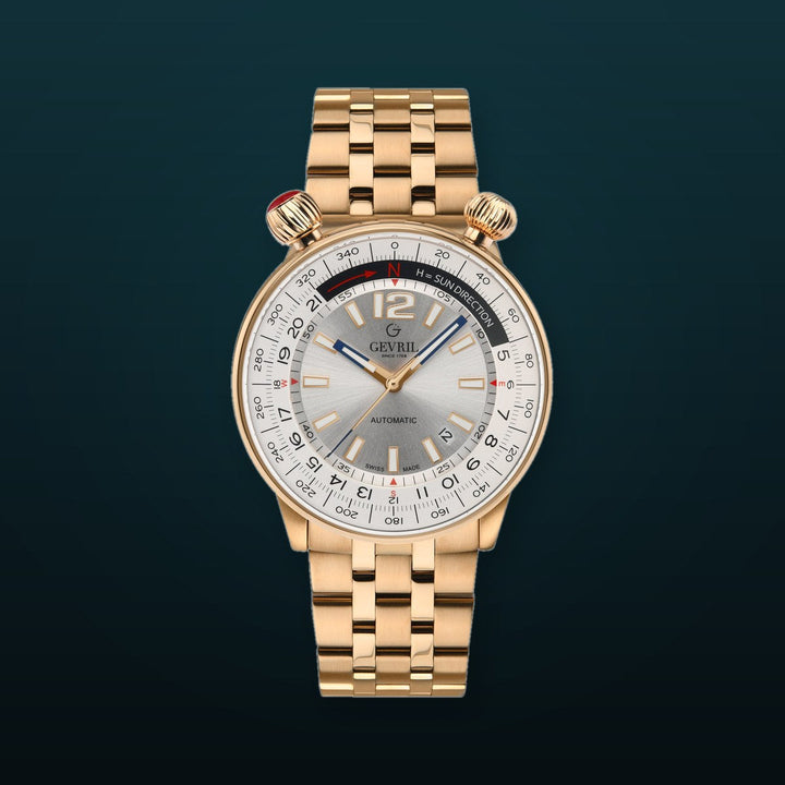 Wallabout Gevril Swiss Made Automatic Solar compass  Rose Gold tone watch | Silver Dial