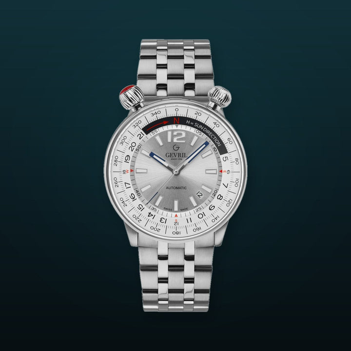 Wallabout Swiss Made Automatic Solar compass Stainless Steel Watch | Silver Dial