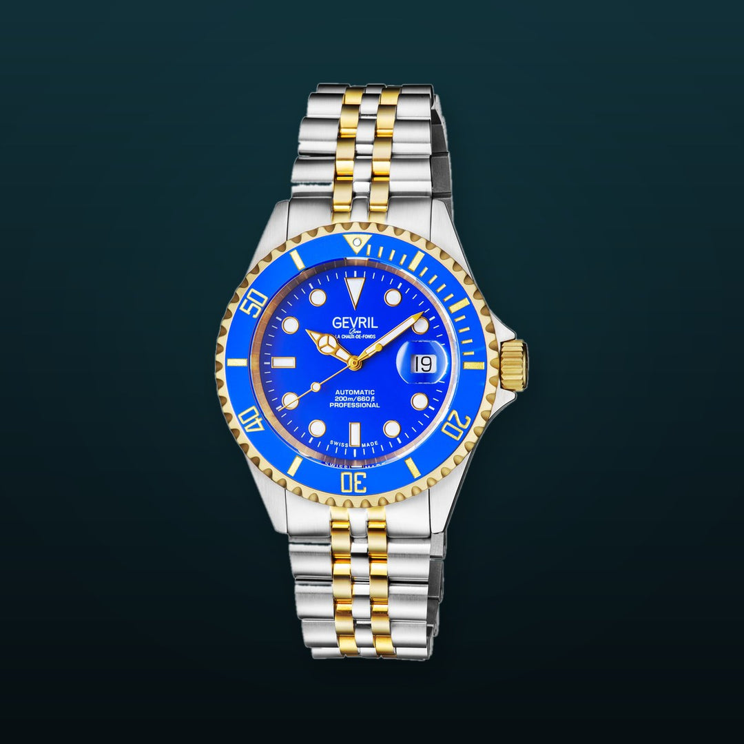 Wall Street Gevril Swiss Made SW200 Steel Rotating bezel Watch, 316L Case, Blue Dial Blue Dial