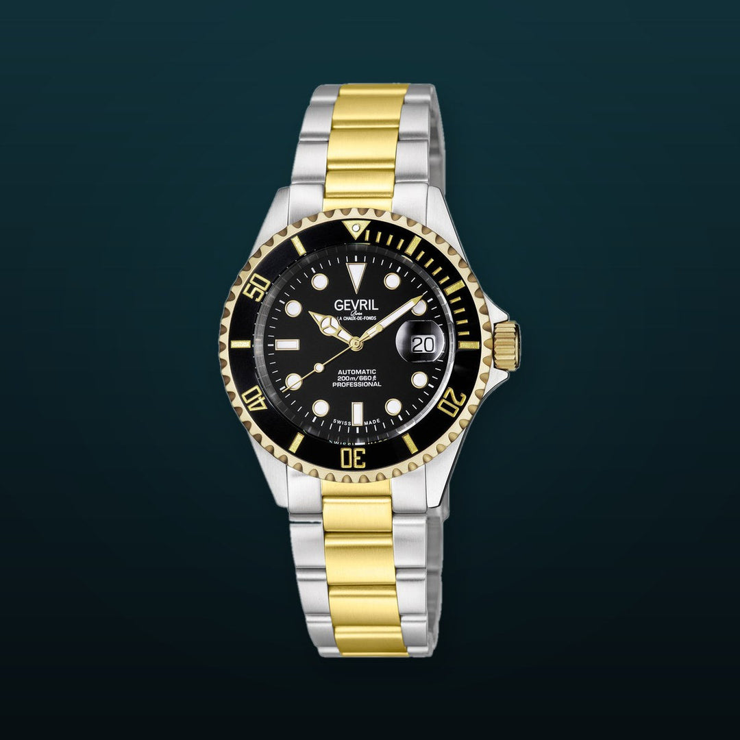 Wall Street Gevril Swiss Made SW200 Steel Rotating Bezel watch, Two toned Gold bezel, Black dial | Black Dial