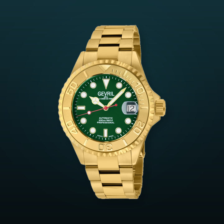 Wall Street Gevril Swiss Made SW200 IPYG Steel Rotating Bezel watch, Gold bezel, Green dial | Green Dial