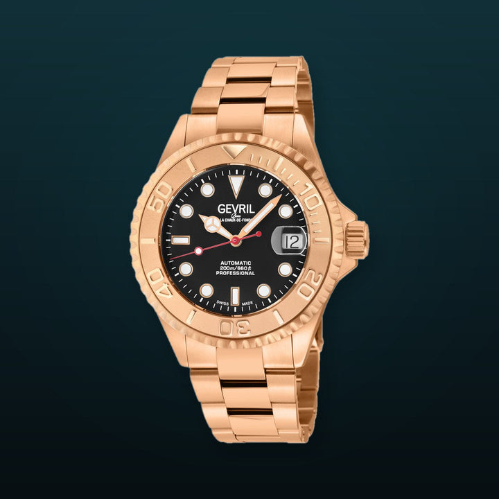 Wall Street Gevril Swiss Made SW200 Steel Rotating Bezel Diver's watch, Rose Gold bezel, Black dial | Blue Dial