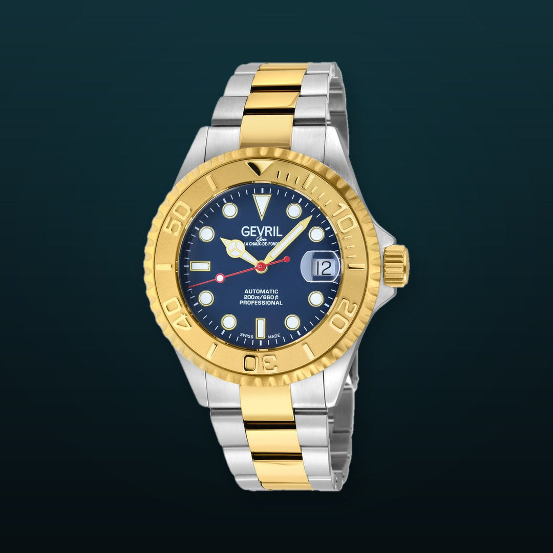 Wall Street Gevril Swiss Made SW200 Steel Rotating Bezel Diver's watch, Two toned Gold bezel, Blue dial | Blue Dial