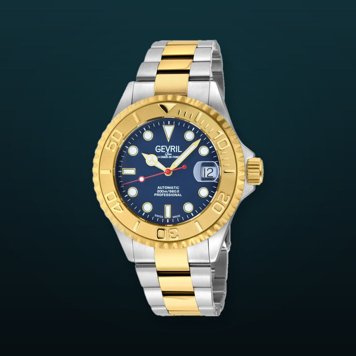Wall Street Gevril Swiss Made SW200 Steel Rotating Bezel Diver's watch, Two toned Gold bezel, Blue dial | Blue Dial